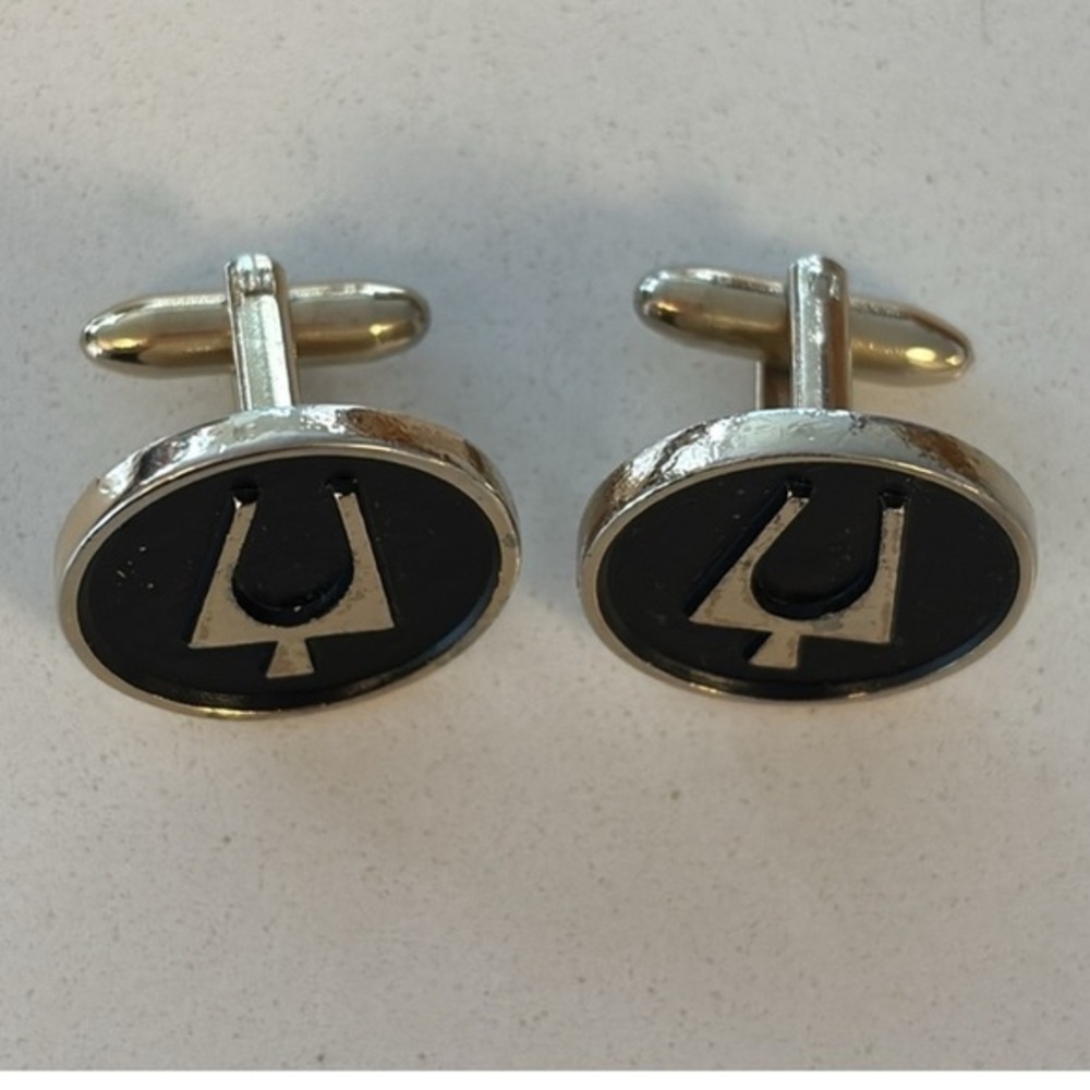 VINTAGE HICKOK CANADA cufflinks silver tone black inlay tuning fork 1" diameter